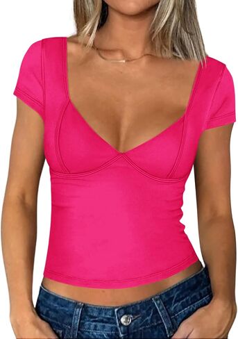 Zeagoo Womens 2024 Sexy Deep V Neck Tops Short Sleeve Slim Fit Backless T Shirts Cute Y2k Corset Cami Top in Saudi Arabia