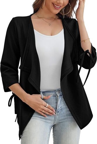 Women's Lightweight Cardigans Waterfall Collar Solid Textured 3/4 Sleeve Tie Cuffs Summer Cardigan for Women (S-XL) in Saudi Arabia