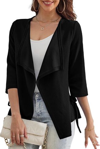 Women's Lightweight Cardigans Waterfall Collar Solid Textured 3/4 Sleeve Tie Cuffs Summer Cardigan for Women (S-XL) in Saudi Arabia