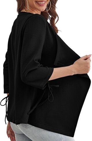 Women's Lightweight Cardigans Waterfall Collar Solid Textured 3/4 Sleeve Tie Cuffs Summer Cardigan for Women (S-XL) in Saudi Arabia