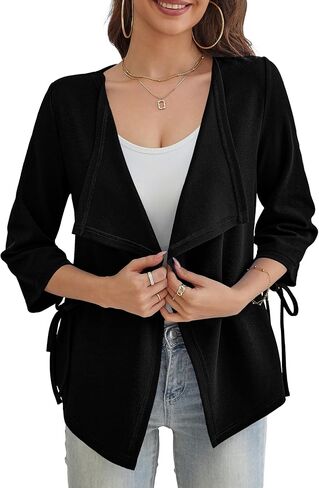 Women's Lightweight Cardigans Waterfall Collar Solid Textured 3/4 Sleeve Tie Cuffs Summer Cardigan for Women (S-XL) in Saudi Arabia