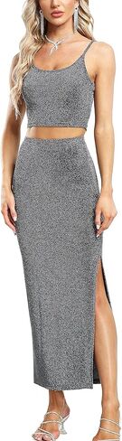 MISS MOLY طقم تنورة طويل طويل مزين بالترتر مكون من قطعتين لامع لامع للحفلات الراقصة والسهرات والحفلات الليلية وحزام سباغيتي قصير أسود XS in Kuwait