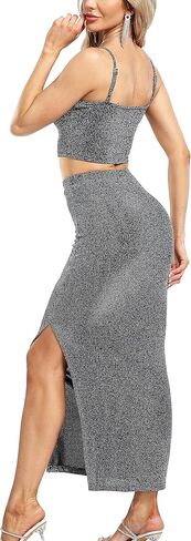 MISS MOLY طقم تنورة طويل طويل مزين بالترتر مكون من قطعتين لامع لامع للحفلات الراقصة والسهرات والحفلات الليلية وحزام سباغيتي قصير أسود XS in Kuwait