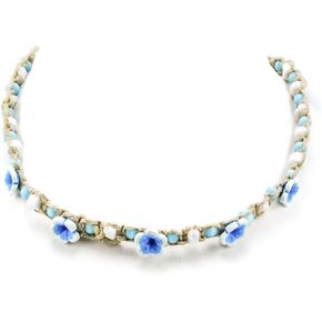 BlueRica Hemp Choker Necklace with Blue Cat's Eye Beads & 3D Fimo Flowers