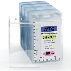WTQ 100 Pack Small ID Badge Holder (Fits 2.25 x 3.5 Cards), Clear Sealable Name Tag Holder with Zipper, Vinyl Plastic Badge Holders, Bulk Quantity