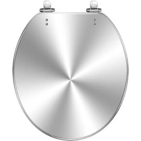 Round Toilet Seat Silver Brushed metal Resin Toilet Seat Quietly Slow Close with Quick-Release Hinges Toilet Seat with Cover Easy to Clean Install