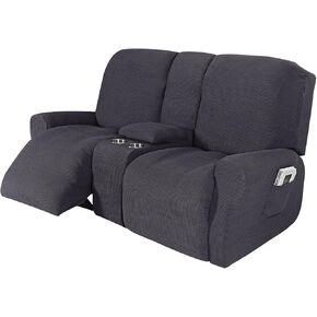 NILUOH Reclining Loveseat with Console Slipcover, 8-Piece Stretch Jacquard Recliner Cover 2 seat Loveseat Recliner Sofa Cover Non Slip Recliner Couch Cover with Storage Pocket (Beige)