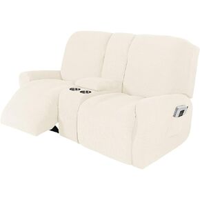 NILUOH Reclining Loveseat with Console Slipcover, 8-Piece Stretch Jacquard Recliner Cover 2 seat Loveseat Recliner Sofa Cover Non Slip Recliner Couch Cover with Storage Pocket (Beige)