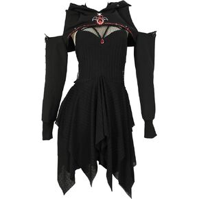 MEOWCOS Gothic Witch Dress Set Black Witch Hat Hoodie And Off Shoulder Mini Dress