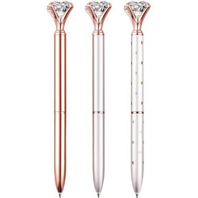 NNY 3 PCS Bling Big Crystal Diamond Ballpoint Pen Metal Ballpoint Pens for Office Supplies Gift, Rose Gold/Silver/White With Rose Polka Dots/, Includes 3 Pen Refills