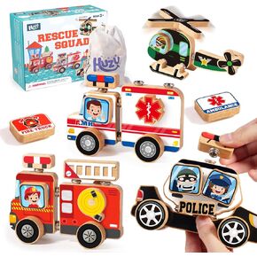Emergency Vehicles 3D Puzzle Toy, Rescue Squad Wooden Snap Button Connection Building Blocks for Kids 3-8, Fire Truck Ambulance Police Car Helicopter Montessori Gifts for Preschool Children