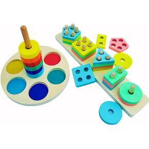 Montessori Toys Wooden Stacking Blocks - Wooden Puzzles Preschool Toy Set for 1+ Year Old - Educational Toys Shape Sorters Learning Puzzles Birthday Gift for One Year Old Boy and Girls