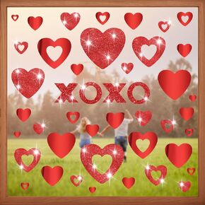 Glitter Valentine's Day Window Clings Stickers XOXO Double-Sided Love Heart Window Decals Red PVC Stickers for Home Wedding Anniversary Party Supplies Shop Window Glass Display Decoration, 6 S