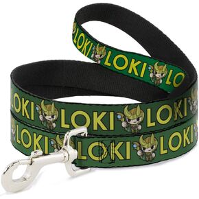 Buckle-Down Dog Leash Kawaii Loki Standing Pose Text Green Yellow 6 Feet Long 1.0 Inch Wide, multi color (DL-WTH024-1.0-6FT)