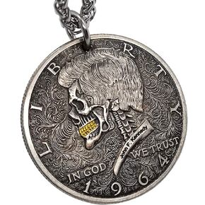Vintage Skull Pendant Coin Necklace Steampunk Jewelry for Men Stainless Steel Chain 27.5 Inches