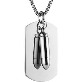 Mens Punk Stainless Steel Waterproof Bullet Military Army Style Dog Tag Alloy Pendant Necklace with 22+2 Inch Chain