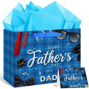 Happy Father's Day Gift Bags with Tissue Paper and Greeting Card Father Day Party Gift Bags Navy Blue Father's Day Wrapping Paper Bags Candy Treat Bags Happy Dad Day Bag Fathers Day Party Favor