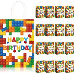 16 Pcs Building Block Party Present Bags Color Bricks Theme Treat Bags Kraft Paper Goodie Favor Bags with Handle for Birthday Baby Showers Building Block Party Supplies Decoration (White Background)