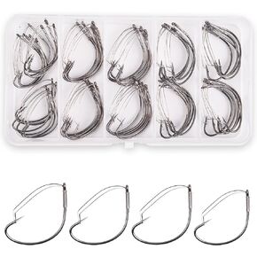 Weedless Wacky Worm Hooks Kit, 55pcs Wacky Rig Fishing Hooks with Weed Guard Wide Gap Stainless Steel Weedless Neko Hooks for Bass Fishing Soft Worm Baits Size 4#-1/0