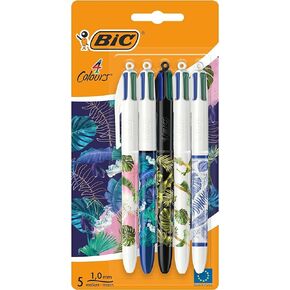 Bic 4 Colours Pens All In One, Multi Coloured Pens All In One, Retractable Ballpoint Pens, Medium 1.0mm, Green, Blue, Red, Black, 5 Pens Per Pack, 1 Pack