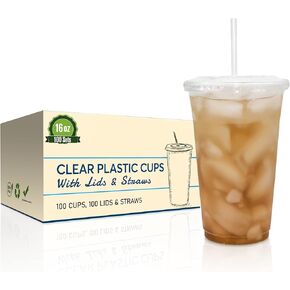 SafeWare Clear 24oz Disposable Cups with Flat Lids and Straws, Togo Disposable Iced Coffee Cups - Ideal for Party, Outdoor Picnic, BBQ, House Party, Restaurant Quality - 100 Sets