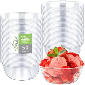 TOFLEN 12 oz Clear Plastic Bowls - (Bulk 50 Pack) Disposable Premium Hard Plastic Serving Bowls for Party, Catering, Salsa, Ice Cream Bowls