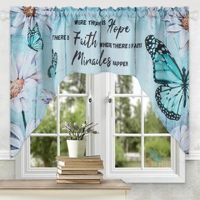 Likiyol Butterfly Swag Curtains Floral Daisy Kitchen Swag Curtain, Farmhouse Teal Swag Valances, Rod Pocket Small Window Curtain for Cafe Bathroom Bedroom Drapes, 60 x 36 Inches in Kuwait