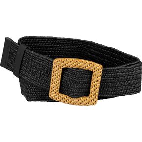 Womens Woven Wide Stretch Belts, Retro Straw Rattan Wooden Buckle Elastic Waist Belt Waistband for Dress