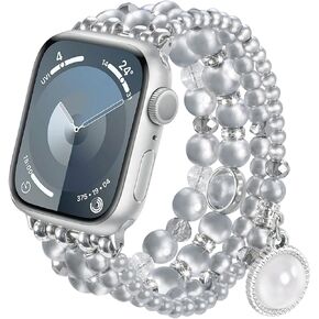 CAGOS Pearl Bracelet Compatible with Apple Wath Bands 38mm 40mm 41mm 42mm 44mm 45mm Women, Natural Pearl Beaded Charms Pretty Straps Dressy Designer Jewelry Stretchy iWatch Bands for Series 9/8/7/6/5/4/3/2/1/SE