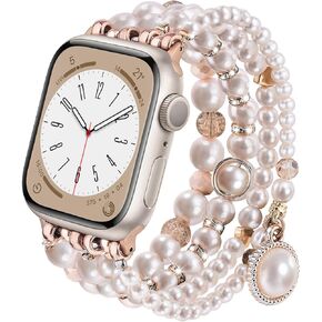 سوار لؤلؤ CAGOS متوافق مع عصابات Apple Wath 38 مم 40 مم 41 مم 42 مم 44 مم 45 مم للنساء، سحر مطرز باللؤلؤ الطبيعي وأشرطة جميلة مصممة مجوهرات أنيقة وأساور iWatch قابلة للتمدد لسلسلة 9/8/7/6/5/4/3/2/1/SE
