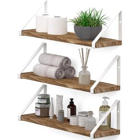 Wallniture Ponza Floating Shelves for Wall Bathroom Shelves Wall Mounted Set of 3, Burned Finish Wood Shelves with White Shelf Brackets