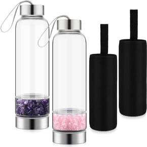 meekoo 2 Pieces Crystal Glass Water Bottle Clear Water Bottle with Gemstone Center Natural Amethyst and Rose Quartz Water Bottle Quartz Crystal Cup Energy Cup for Healing and Wellness
