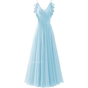 CWOAPO V Neck Bridesmaid Dresses for Wedding 2024 Long Chiffon Spaghetti Straps Formal Dress Ruffles A Line Evening Gowns