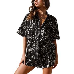 Yuemengxuan Women 2 Piece Summer Outfits Linen Beach Shorts Set Printed Button Short Sleeve Tops Shorts Casual Lounge Sets