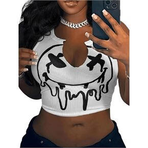 SOLY HUX Women's Graphic Print Crop Tops Notched Neck Sleeveless Summer Tank Top