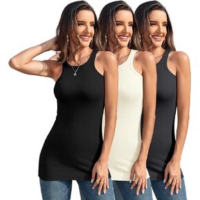 3Packs Cotton Ribbed High Neck Long Tank Top for Women Racerback Yoga Top Layering Undershirts Camisole