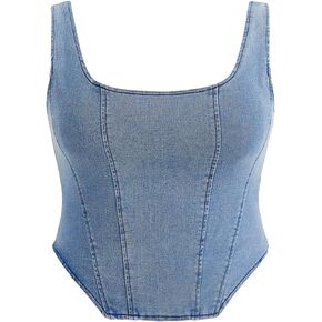 Floerns Women's Plus Size Square Neck Sleeveless Asymmetrical Neck Denim Tank Top