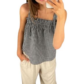 Women Y2k Gingham Tank Top Sleeveless Smocked Tank Tops Plaid Camisole Ruffle Hem Peplum Tops Summer Streetwear