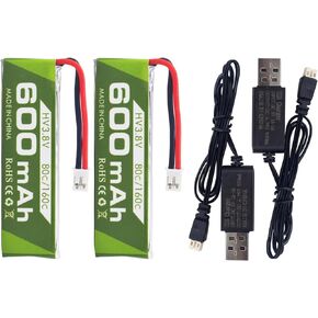 2PCS 1S 3.8V 80C 600mAh Lithium Battery with JST-PH 2.0 Plug Connector and USB Charger Cable for Cineahoop Tinyhawk Mini FPV Racing Drone RC Remote Control Drone Spare Batteries