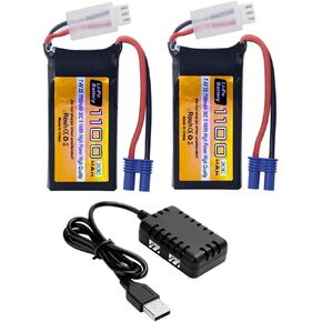 2PCS 7.4V 1100mAh 2S Lipo Battery with EC2 Plug and and 2in1 Charger Suitable for UTB18 Four-Wheel Drive Off-Road High-Performance Climbing Vehicle RC Vehicle Battery