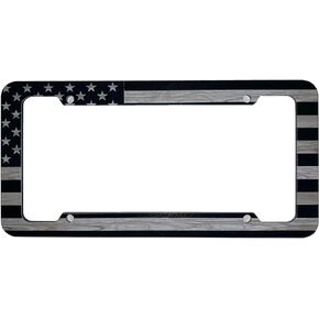 American Flag USA Plastic License Plate Frame Tag Grey Wood Grain Design
