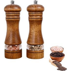 Wooden Salt and Pepper Grinder Set, Refillable Salt and Pepper Mill Set,Manual Salt & Pepper Grinders，Adjustable Coarse-grained Salt Grinder and Pepper Mill-6.5 Inches-2 Pack