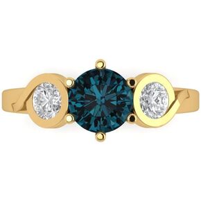 Clara Pucci 1.82ct Round Cut 3 stone Solitaire Natural London Blue Topaz gemstone designer Modern with accent Ring 14k Yellow Gold