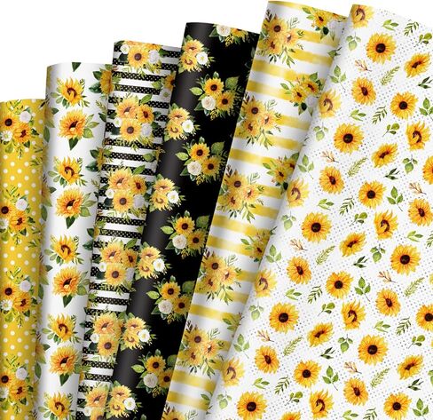 Whaline 12 Sheet Sunflower Theme Wrapping Paper 6 Style Watercolor Sunflower Pattern Wrapping Paper Sun Flowers Art Paper Folded Flat for Spring Summer Birthday Gift Wrap DIY Craft, 19.7 x 27.6" in Saudi Arabia