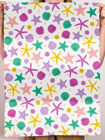 CENTRAL 23 Girls Wrapping Paper Birthday - 6 Sheets of White Gift Wrap - Shell and Starfish - For Women - Beach Themed - Summer - Comes with Stickers - Recyclable in Saudi Arabia
