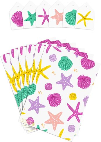 CENTRAL 23 Girls Wrapping Paper Birthday - 6 Sheets of White Gift Wrap - Shell and Starfish - For Women - Beach Themed - Summer - Comes with Stickers - Recyclable in Saudi Arabia