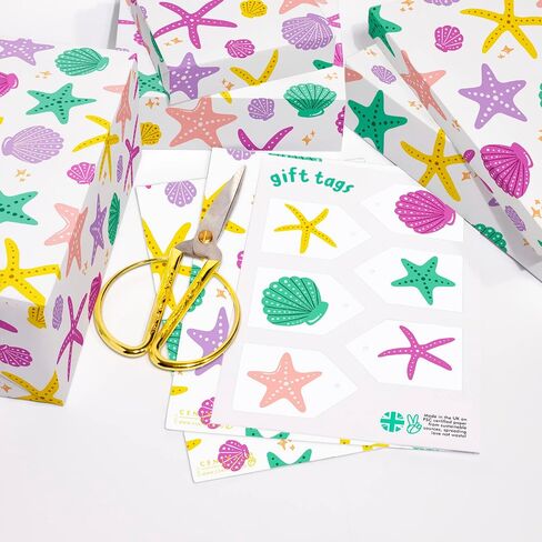 CENTRAL 23 Girls Wrapping Paper Birthday - 6 Sheets of White Gift Wrap - Shell and Starfish - For Women - Beach Themed - Summer - Comes with Stickers - Recyclable in Saudi Arabia