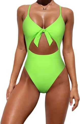 Hilor Women's Cutout One Piece Swimsuits Sexy Front Tie Knot Bathing Suits High Cut Monokini Swimwear in Saudi Arabia