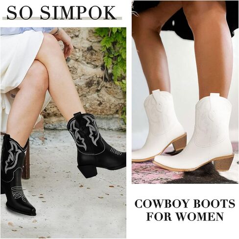 SO SIMPOK النساء راعية البقر أحذية رعاة البقر الرجعية الأحذية الغربية كعب مكتنز سحب على ركوب الجوارب الكاحل قصيرة in Kuwait