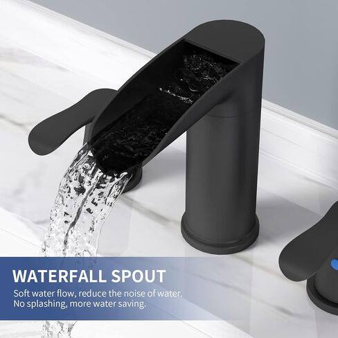 SINGSUO Bathroom Faucets for Sink 3 Hole, 8 Inch Waterfall Bathroom Faucet with 360 Degree Swivel Spout, 2 Handle Widespread Bathroom Faucet with Pop Up Drain, 3 Piece Matte Black Bathroom Faucet in Kuwait